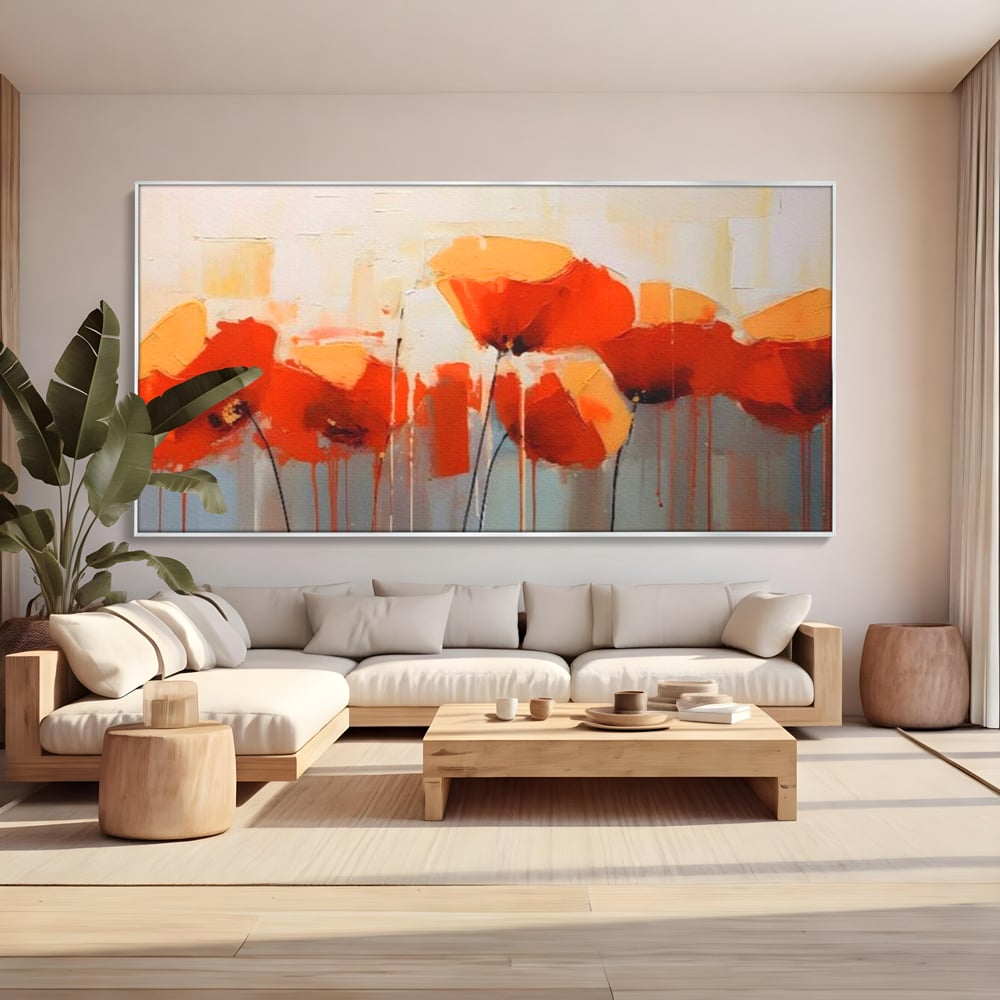 Tablou canvas cu tablou canvas cu maci in ulei, in rama de aluminiu argintiu, pe perete intr-un living